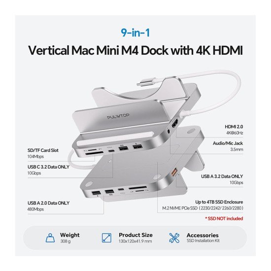 PULWTOP BS212D USB C HUB STAND FOR MAC MINI M4/M4 PRO