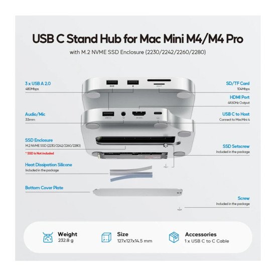 PULWTOP MAC MINI M4/M4 PRO HUB STAND DOCK WITH EXTERNAL STORAGE UPGRADE M.2 SSD ENCLOSURE