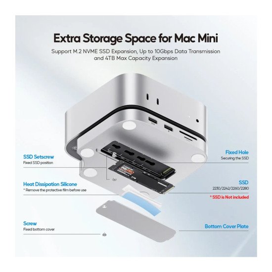 PULWTOP MAC MINI M4/M4 PRO HUB STAND DOCK WITH EXTERNAL STORAGE UPGRADE M.2 SSD ENCLOSURE