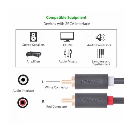 UGREEN 2RCA MALE TO 2RCA MALE STEREO AUDIO VIDEO CABLE 2M (10518)