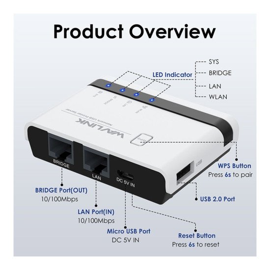 WAVLINK WL-NU516U1 USB2.0 WIRELESS PRINT SERVER